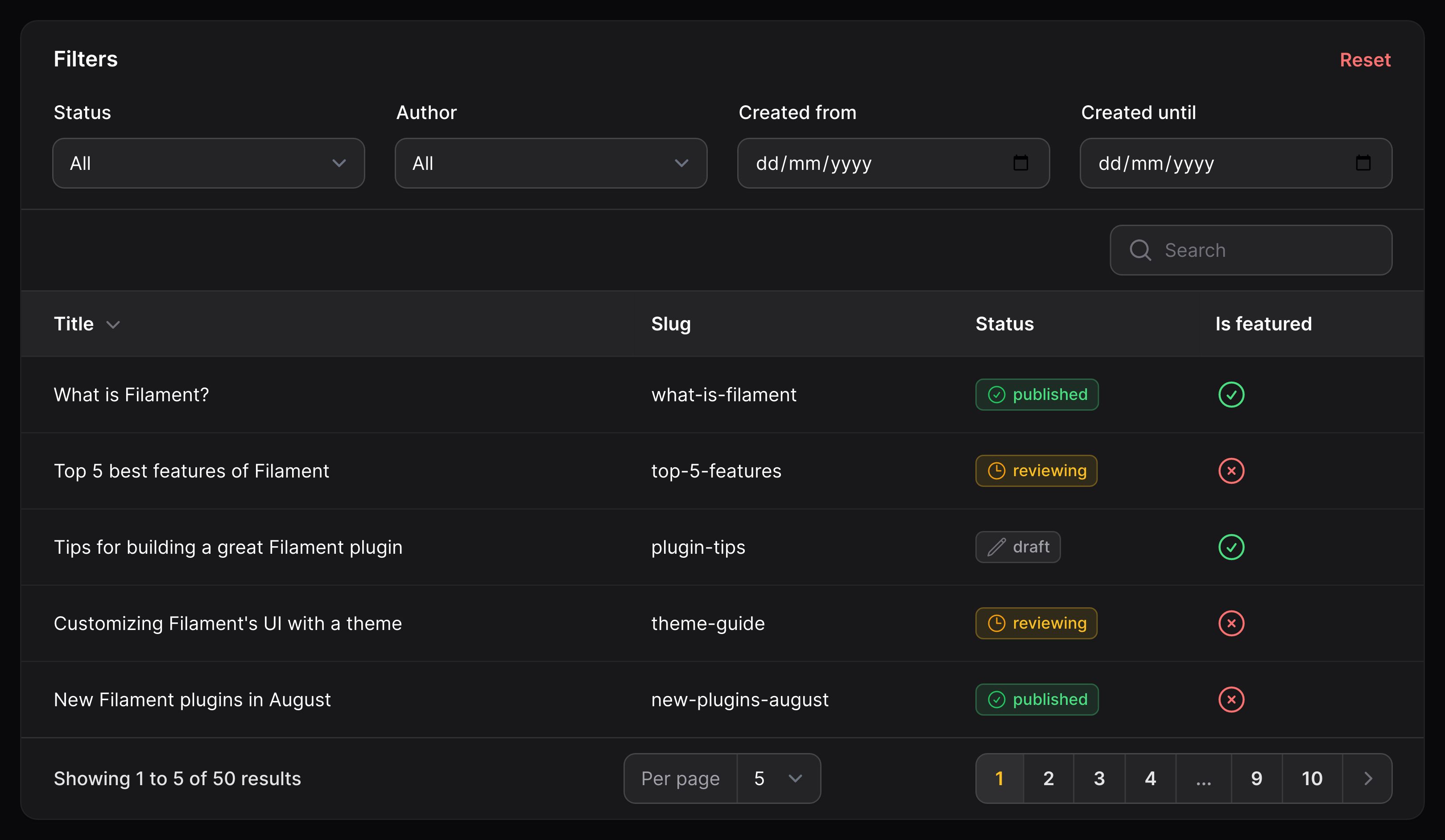 Table with filters above content