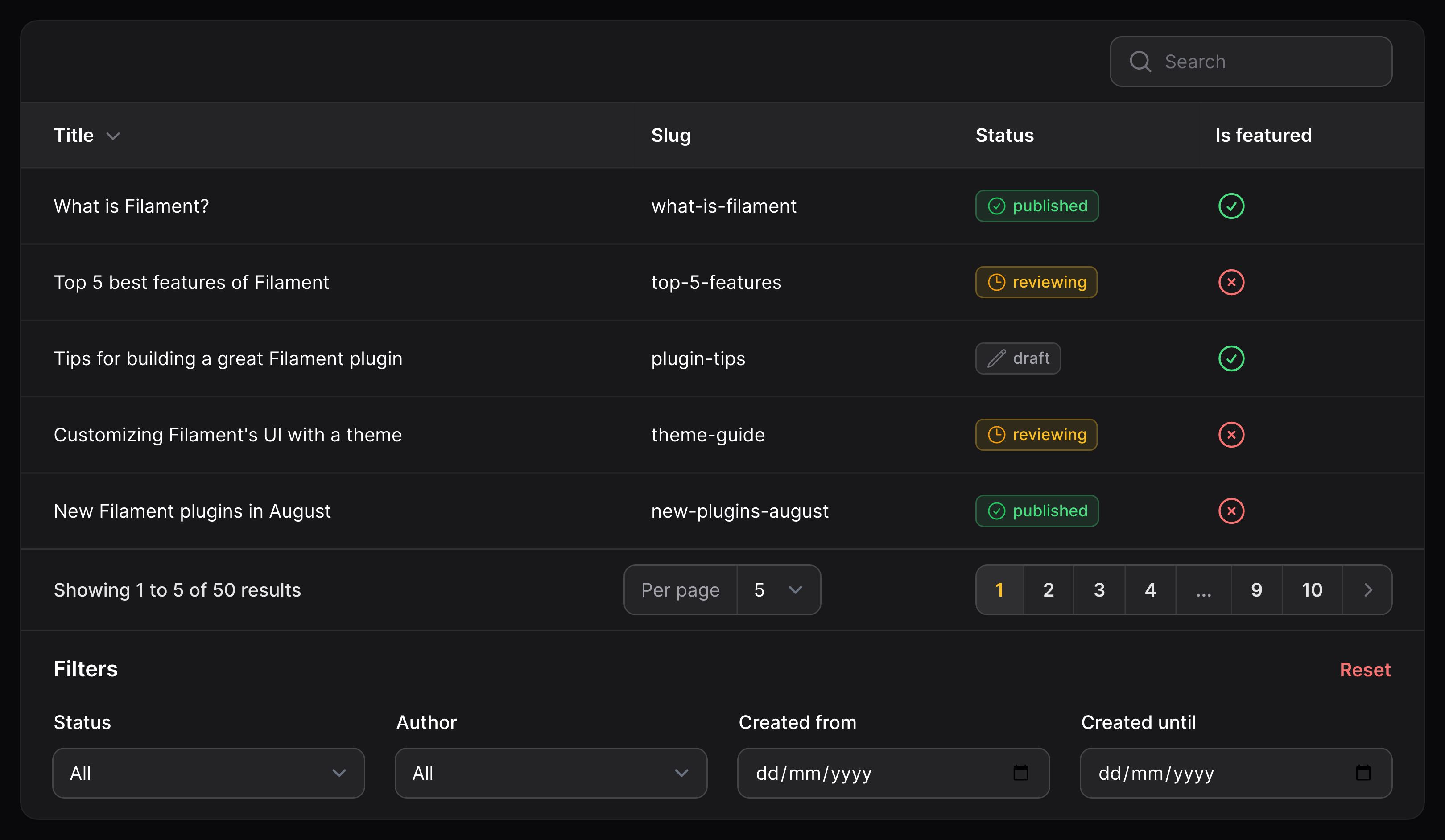 Table with filters below content