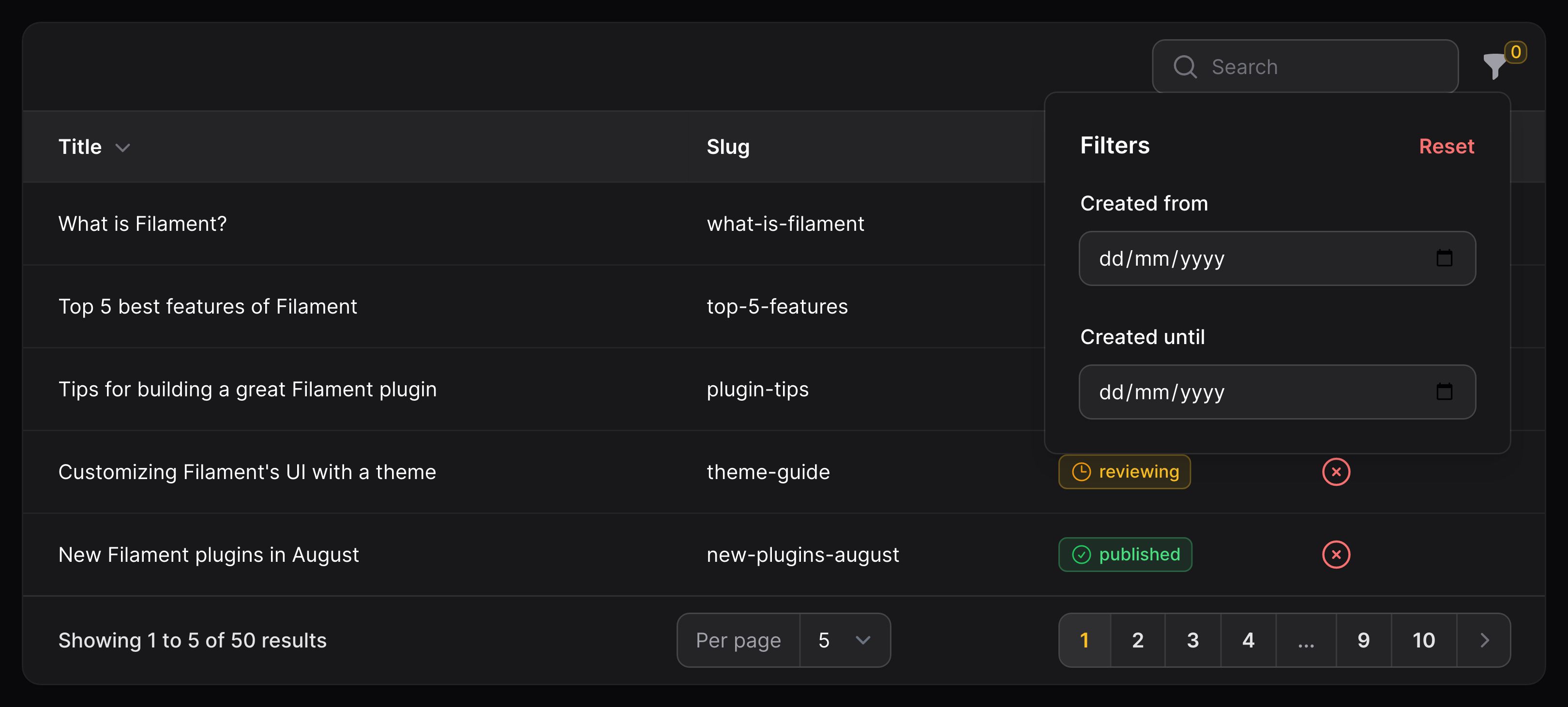 Table with custom filter form