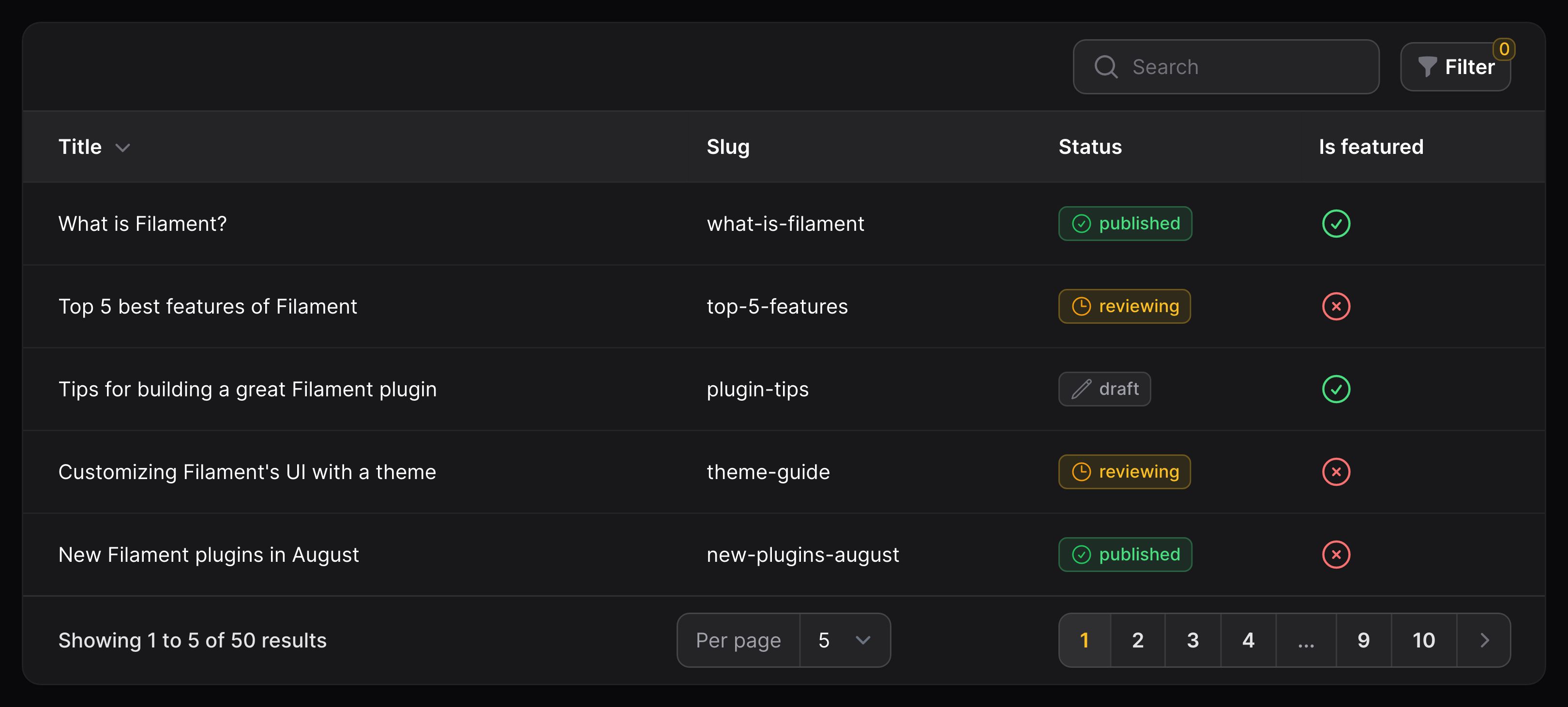 Table with custom filters trigger action