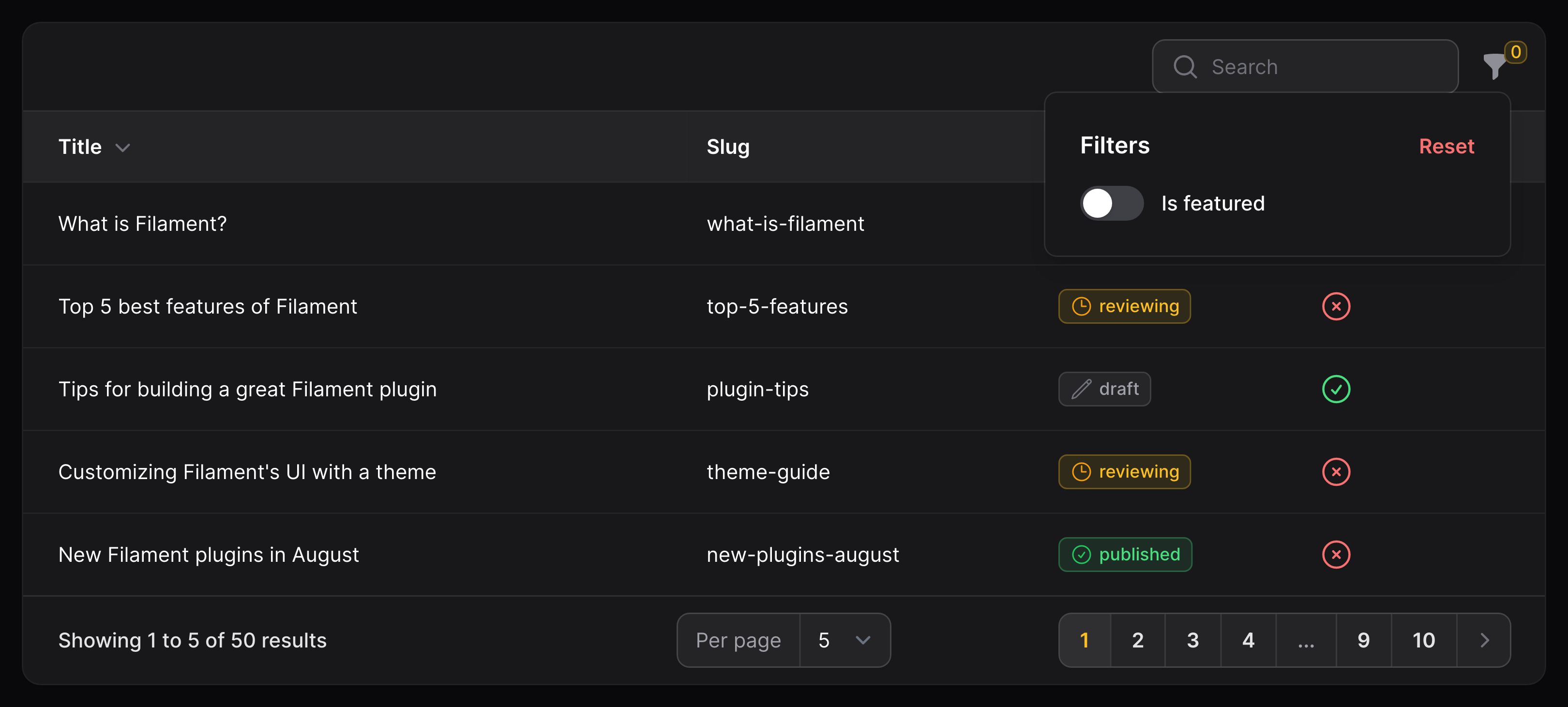 Table with toggle filter