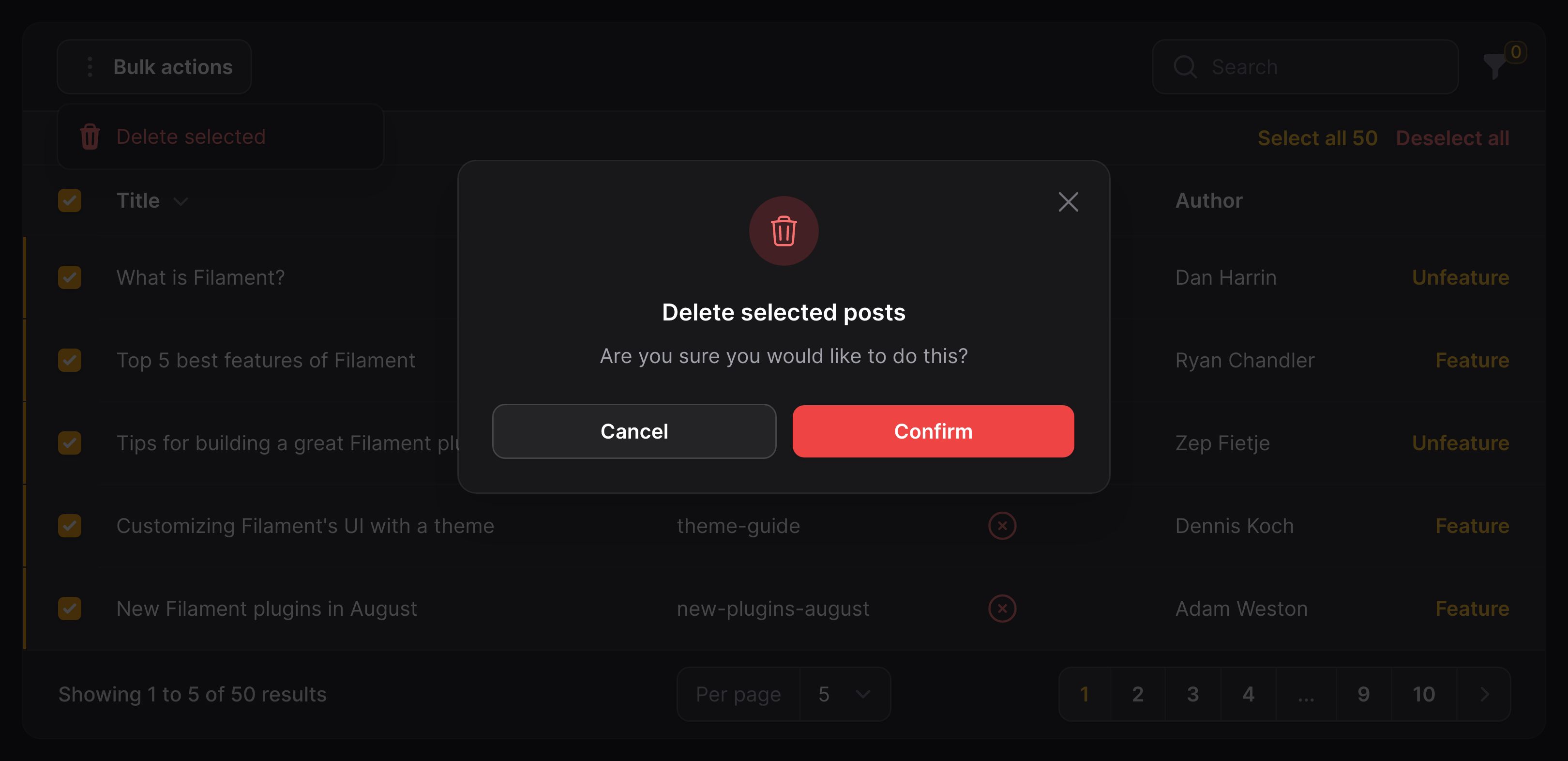 Table with action modal open