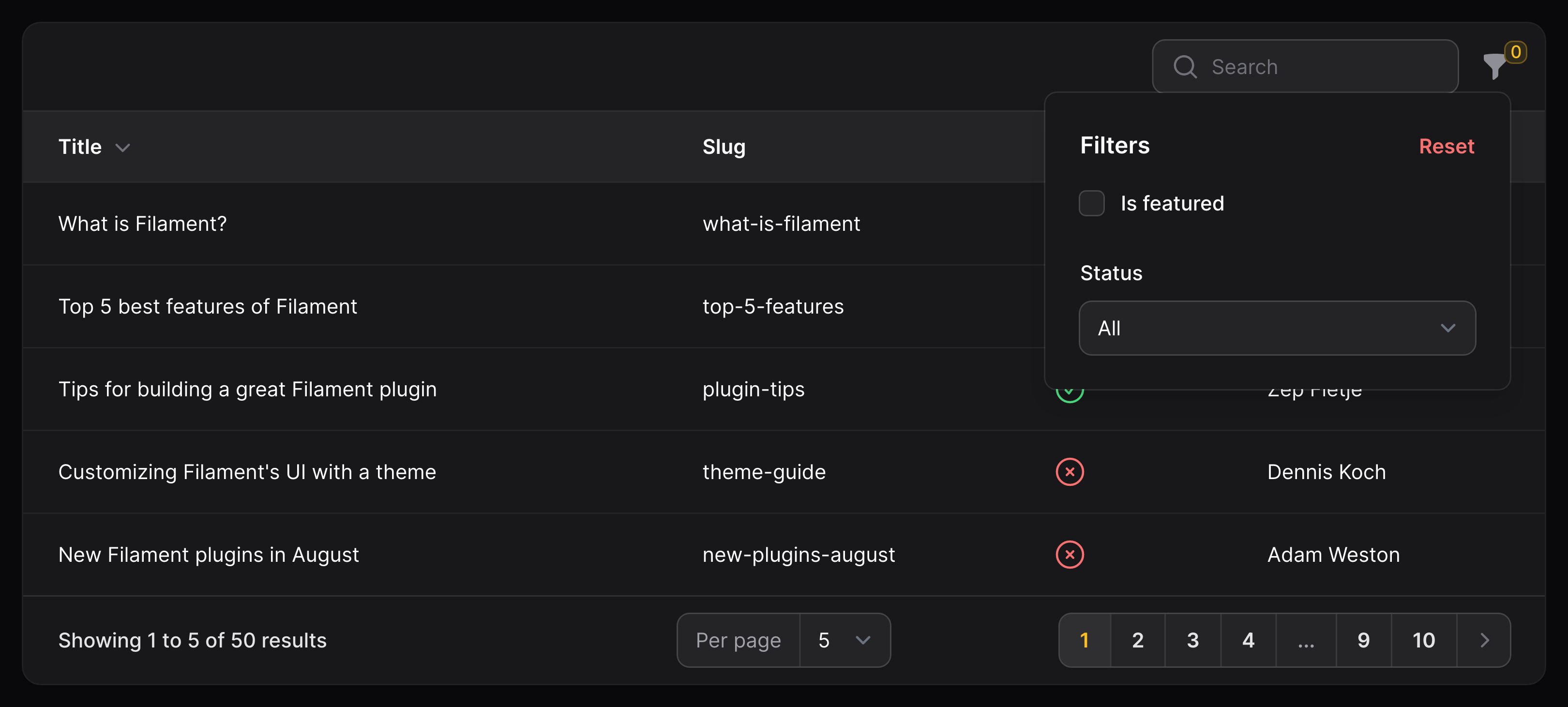 Table with filters