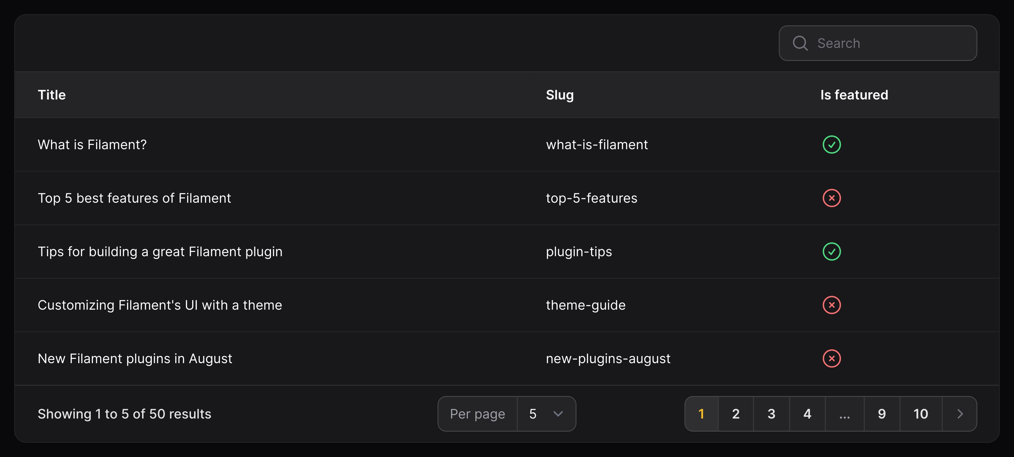 Table with searchable column