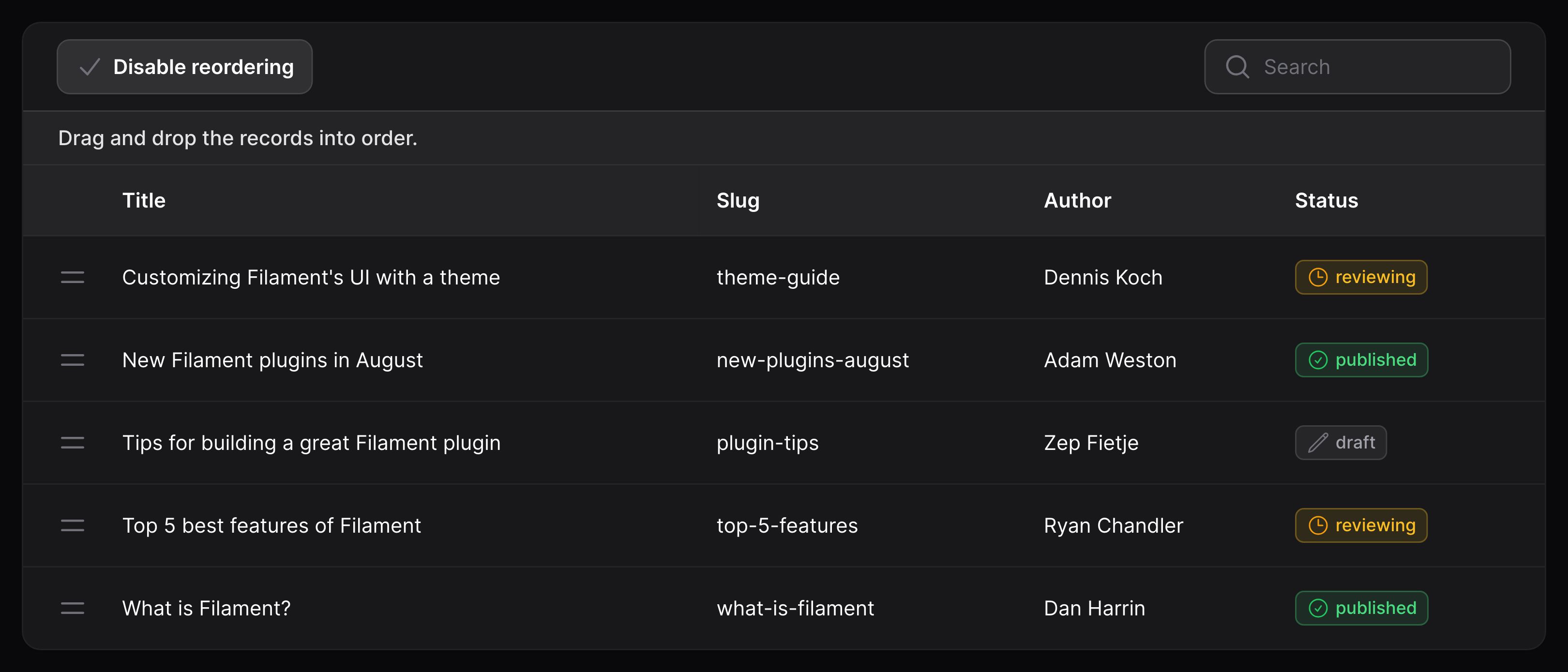 Table with reorderable rows and a custom trigger action