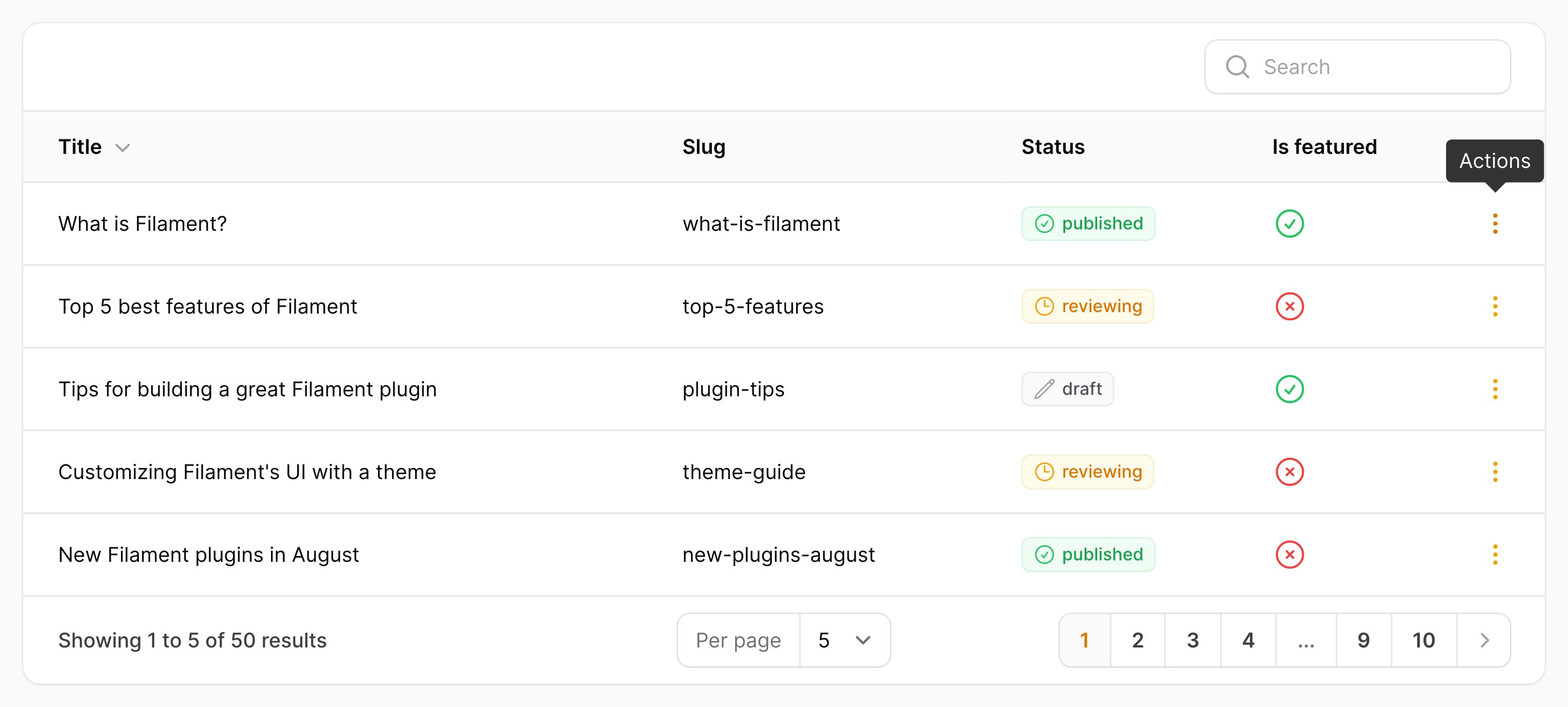 Table with action group tooltip