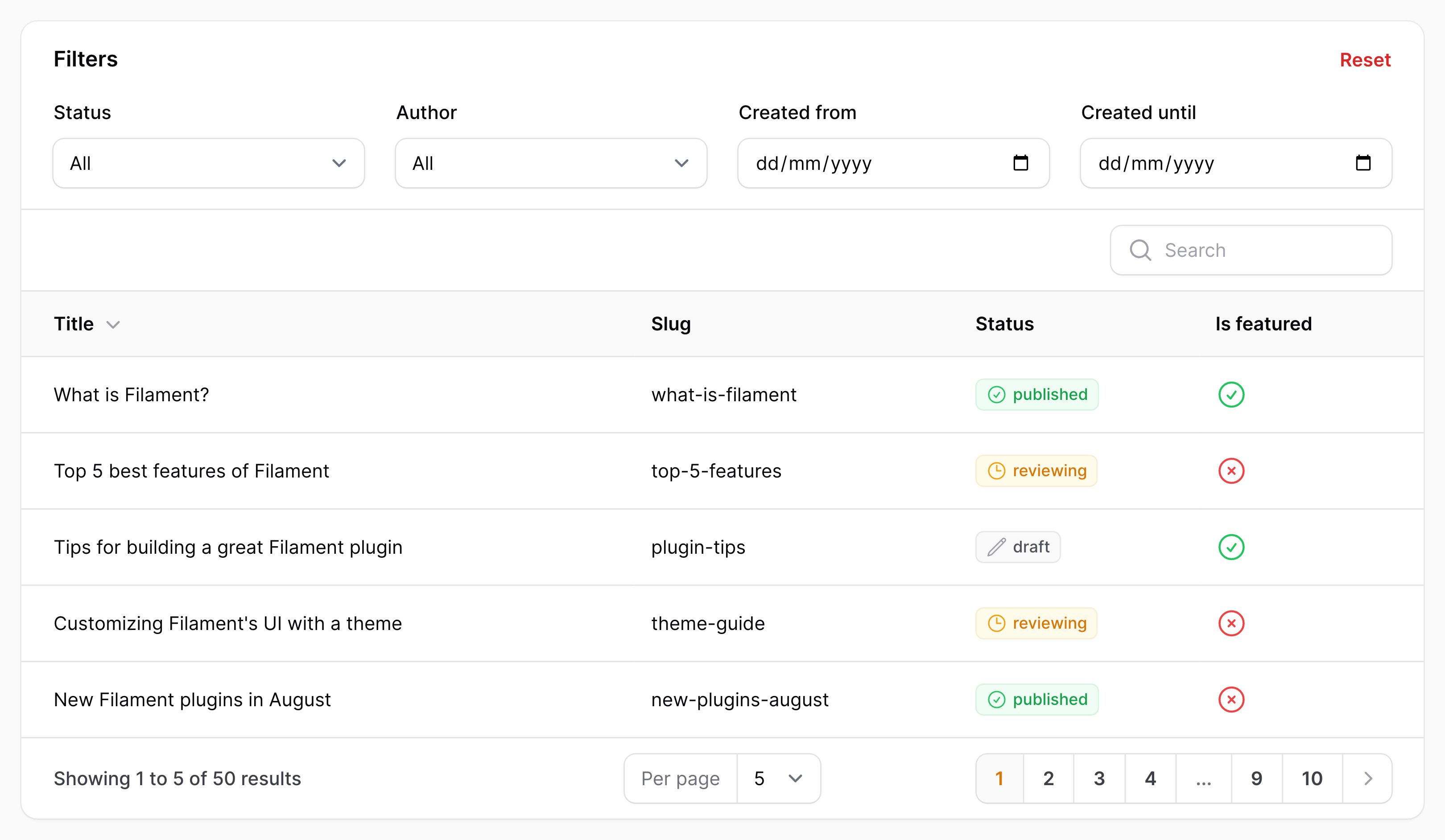 Table with filters above content