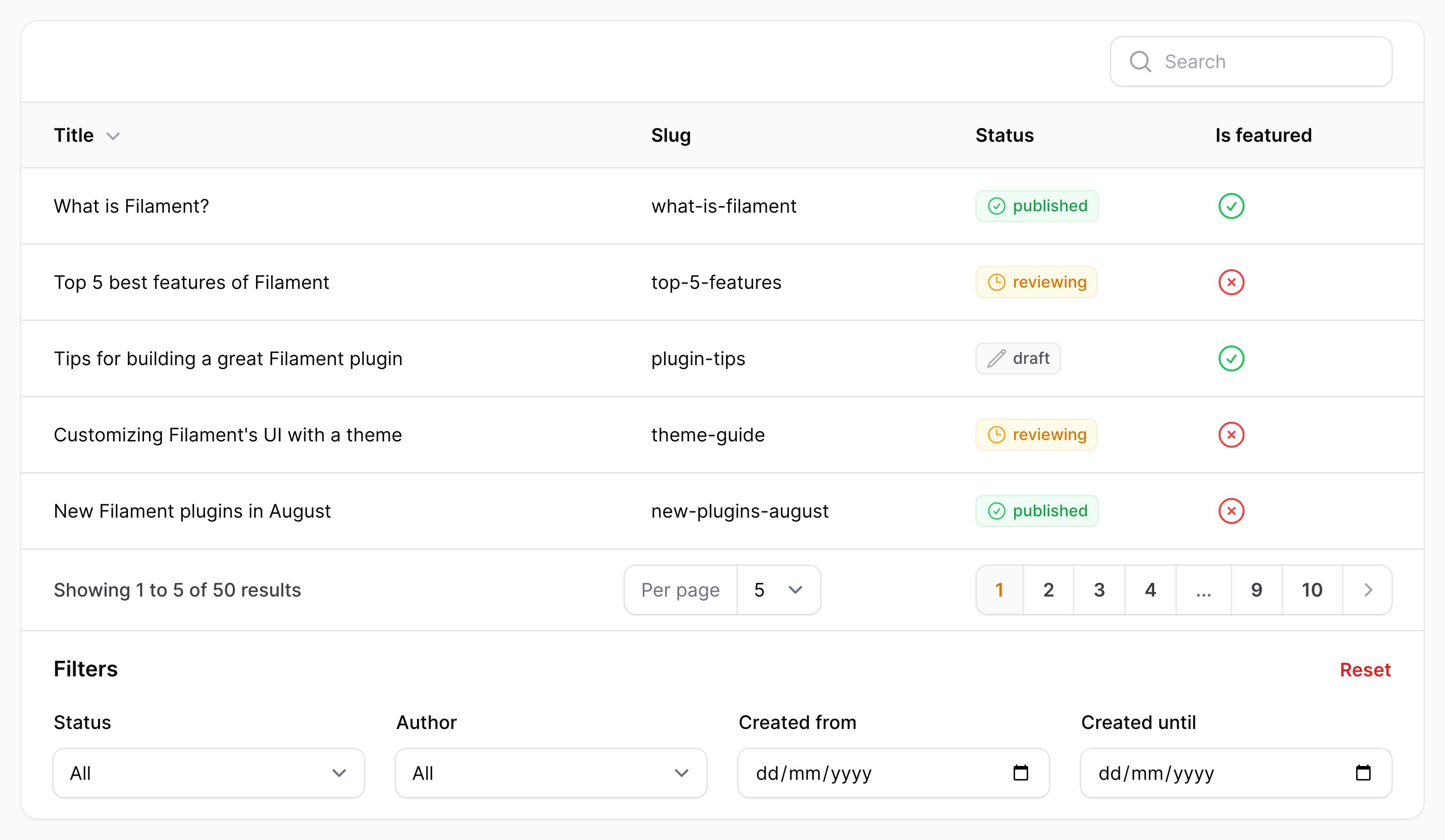 Table with filters below content