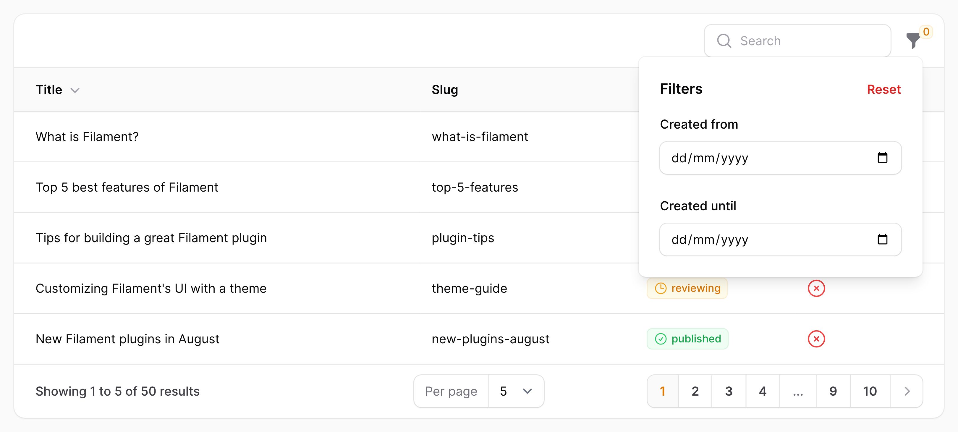 Table with custom filter form