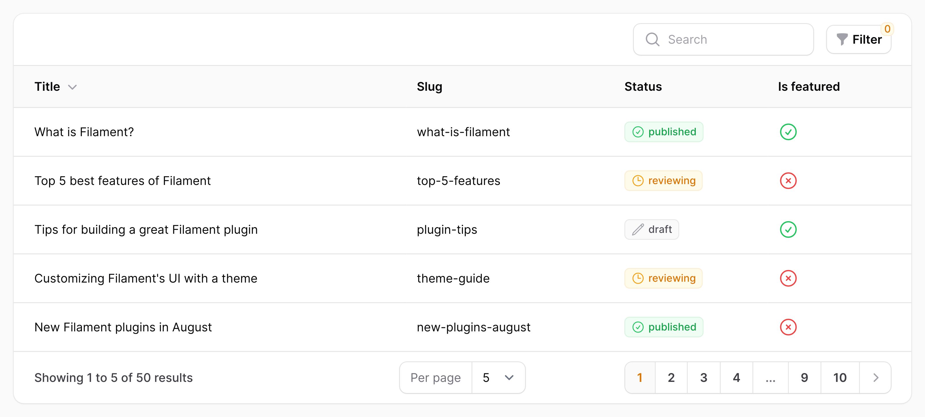 Table with custom filters trigger action