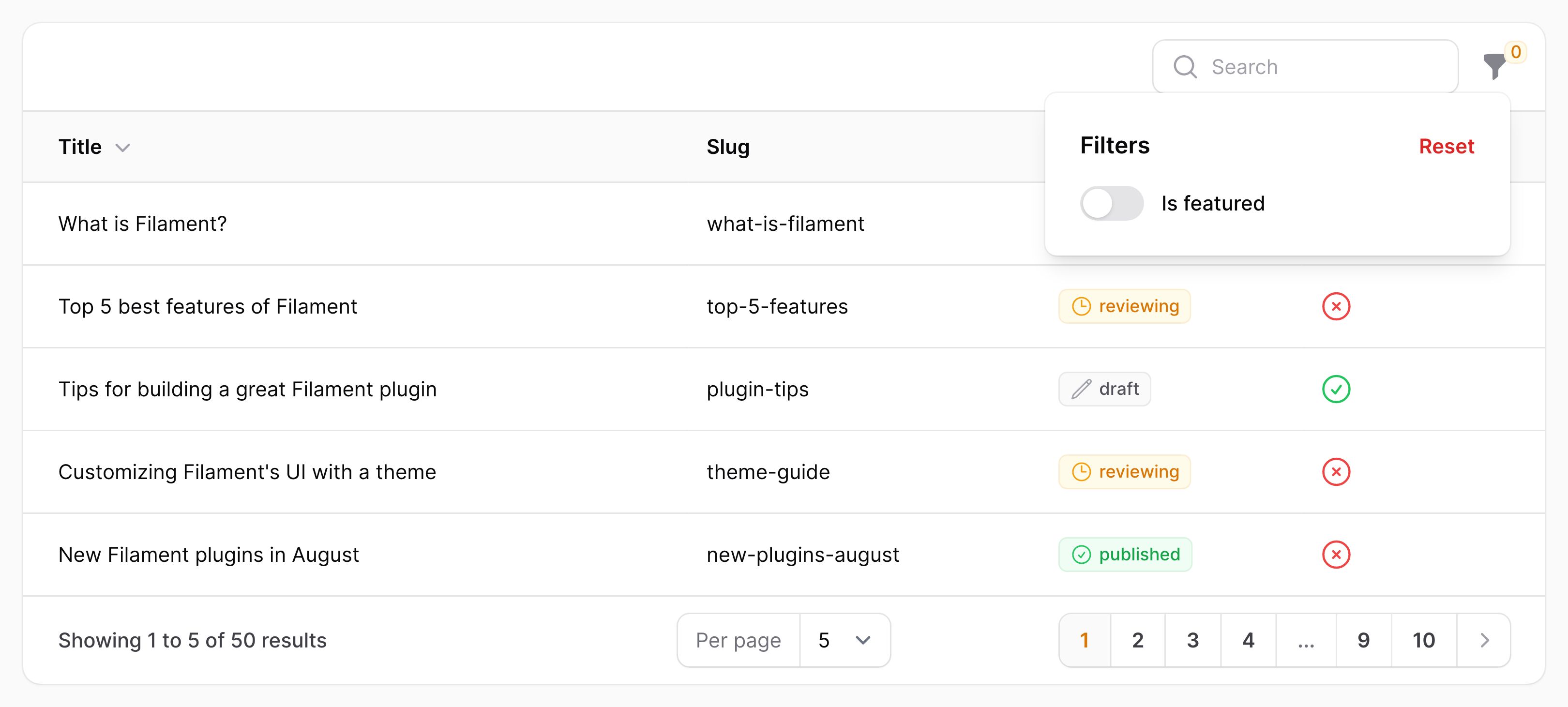 Table with toggle filter