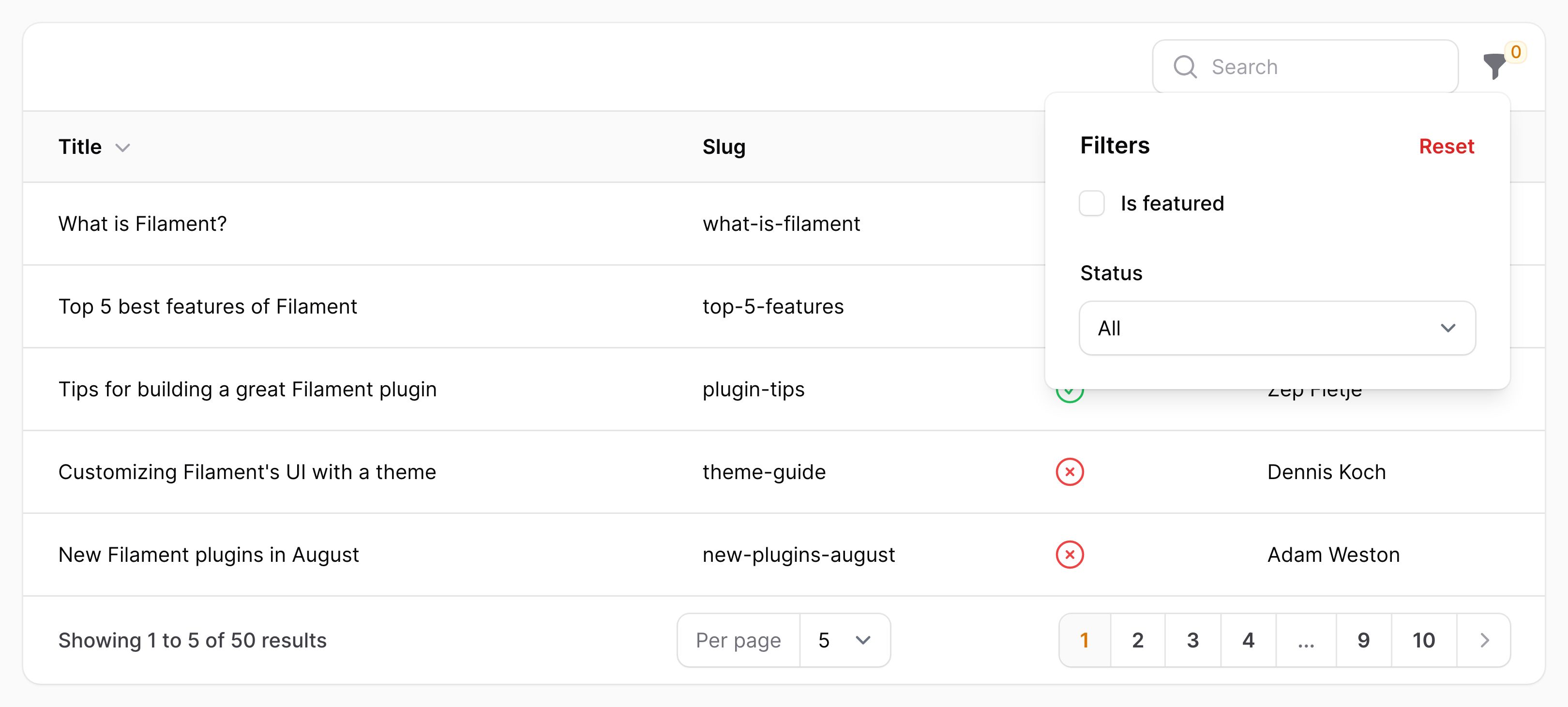 Table with filters