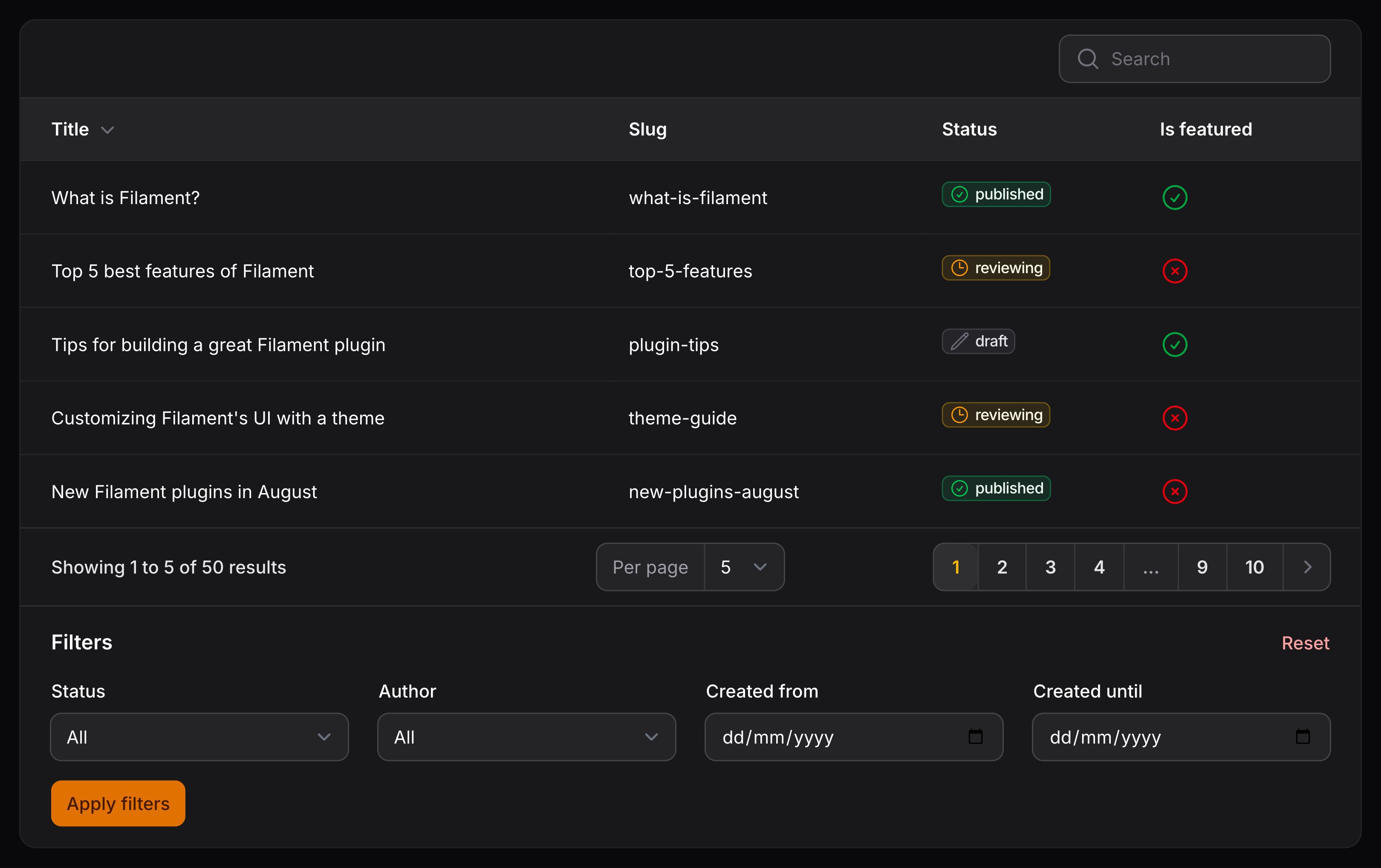 Table with filters below content