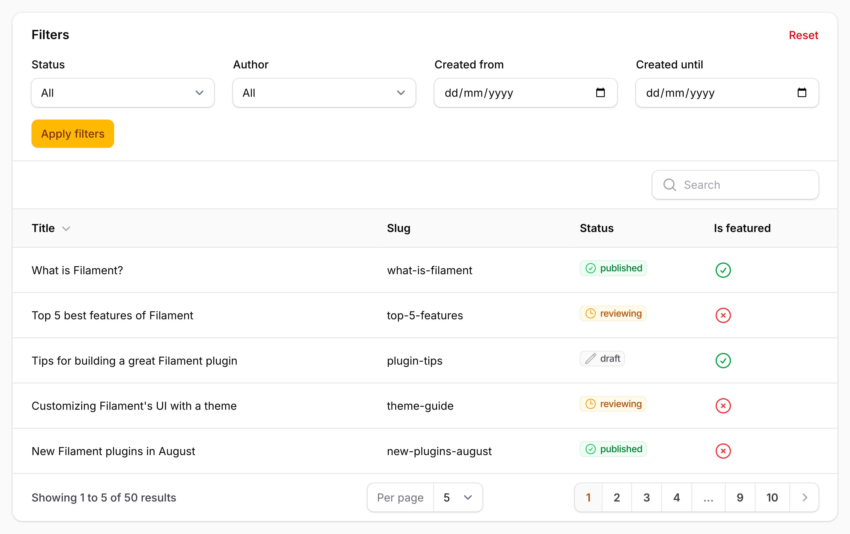 Table with filters above content