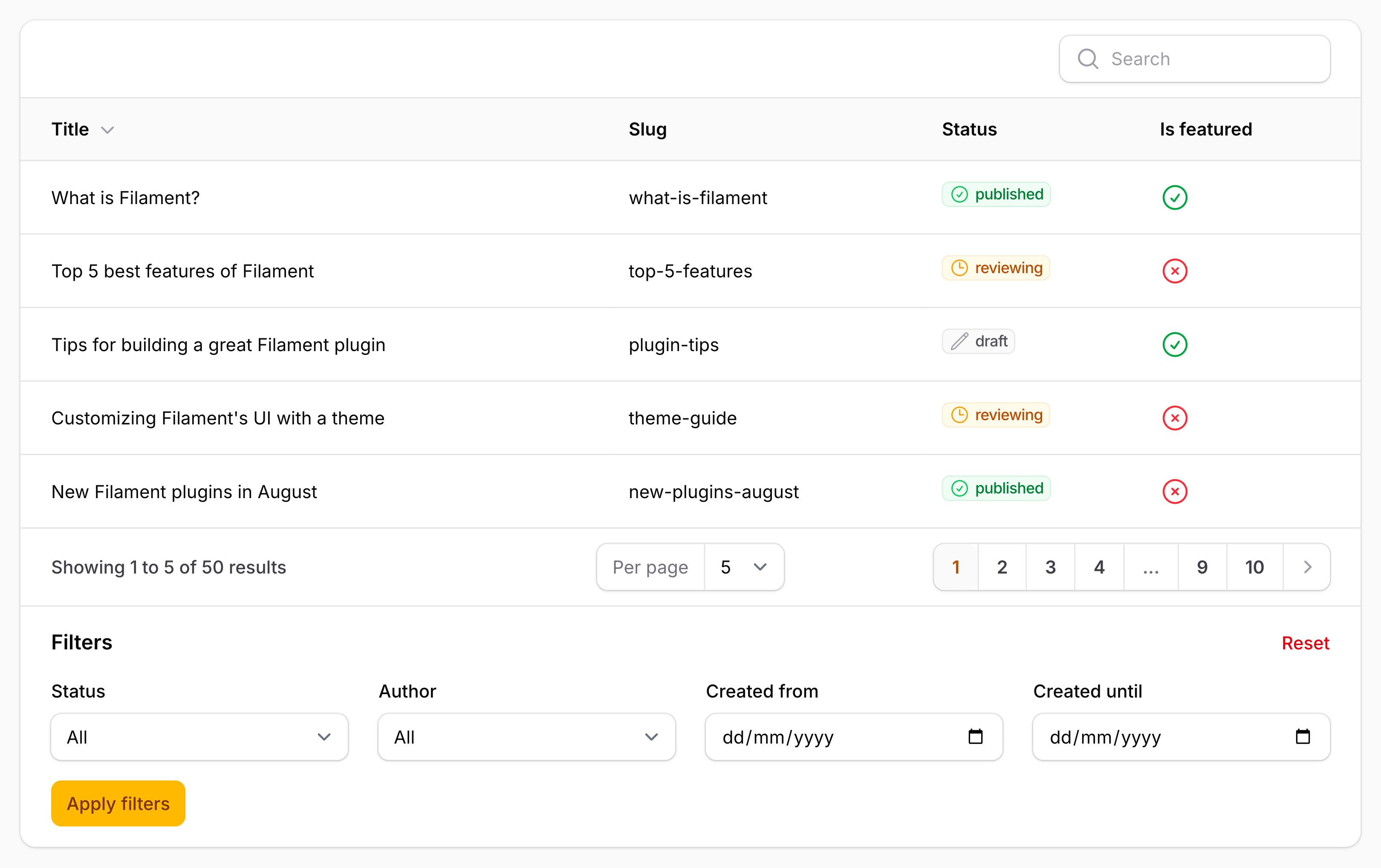 Table with filters below content